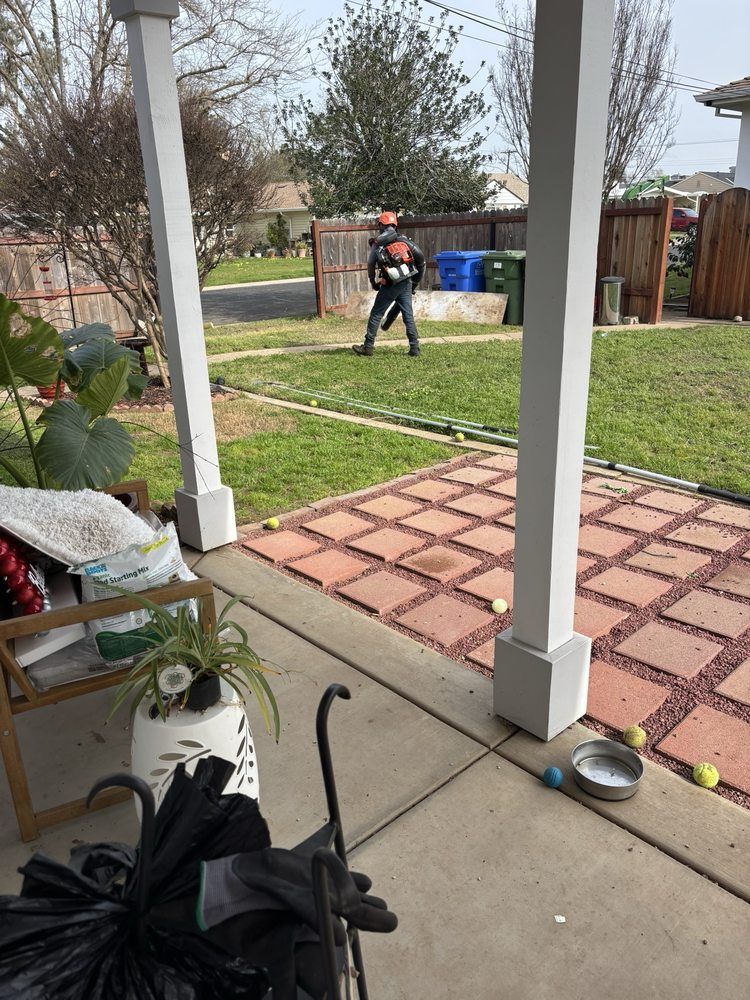 Person walking across a grassy yard with a leaf blower near a patio and wooden fence