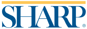 The Sharp logo. Blue text beneath a yellow horizontal line, with a registered trademark symbol.