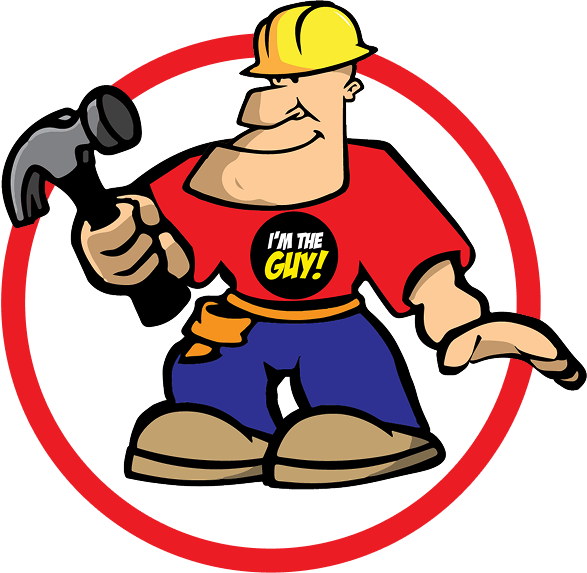 A cartoon of a man holding a hammer and wearing a shirt that says 