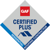 A logo for a GAF certified plus residential roofing contractor