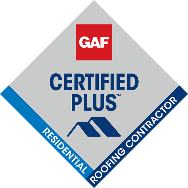 A logo for a GAF certified plus residential roofing contractor