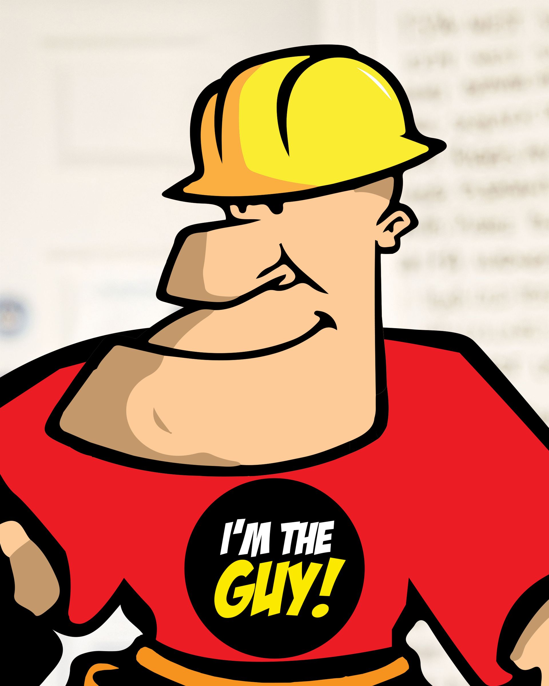 A cartoon man wearing a hard hat and a red shirt that says i 'm the guy