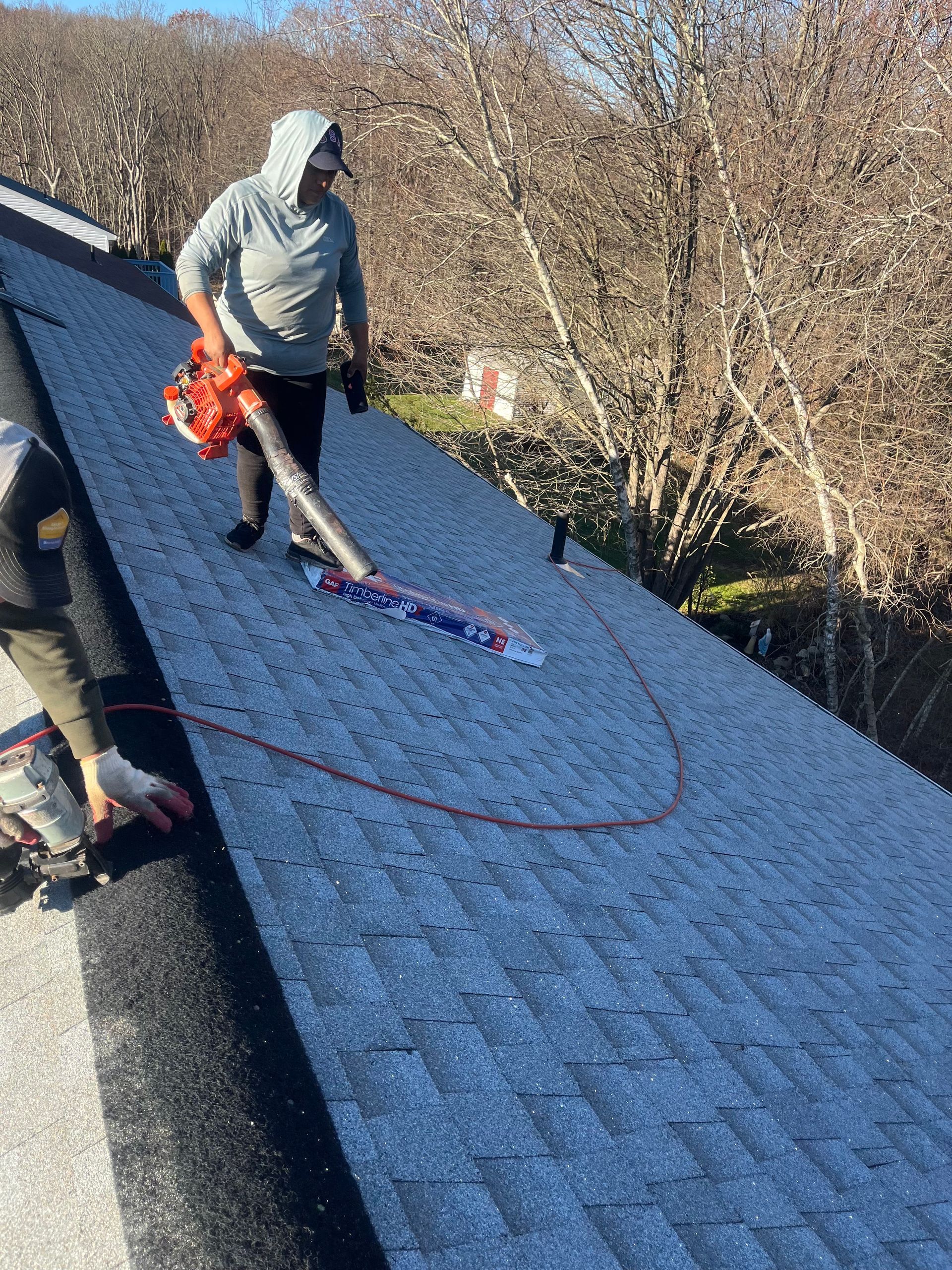Person blowing debris off a dark shingle roof with an orange leaf blower. Bare trees in the background.