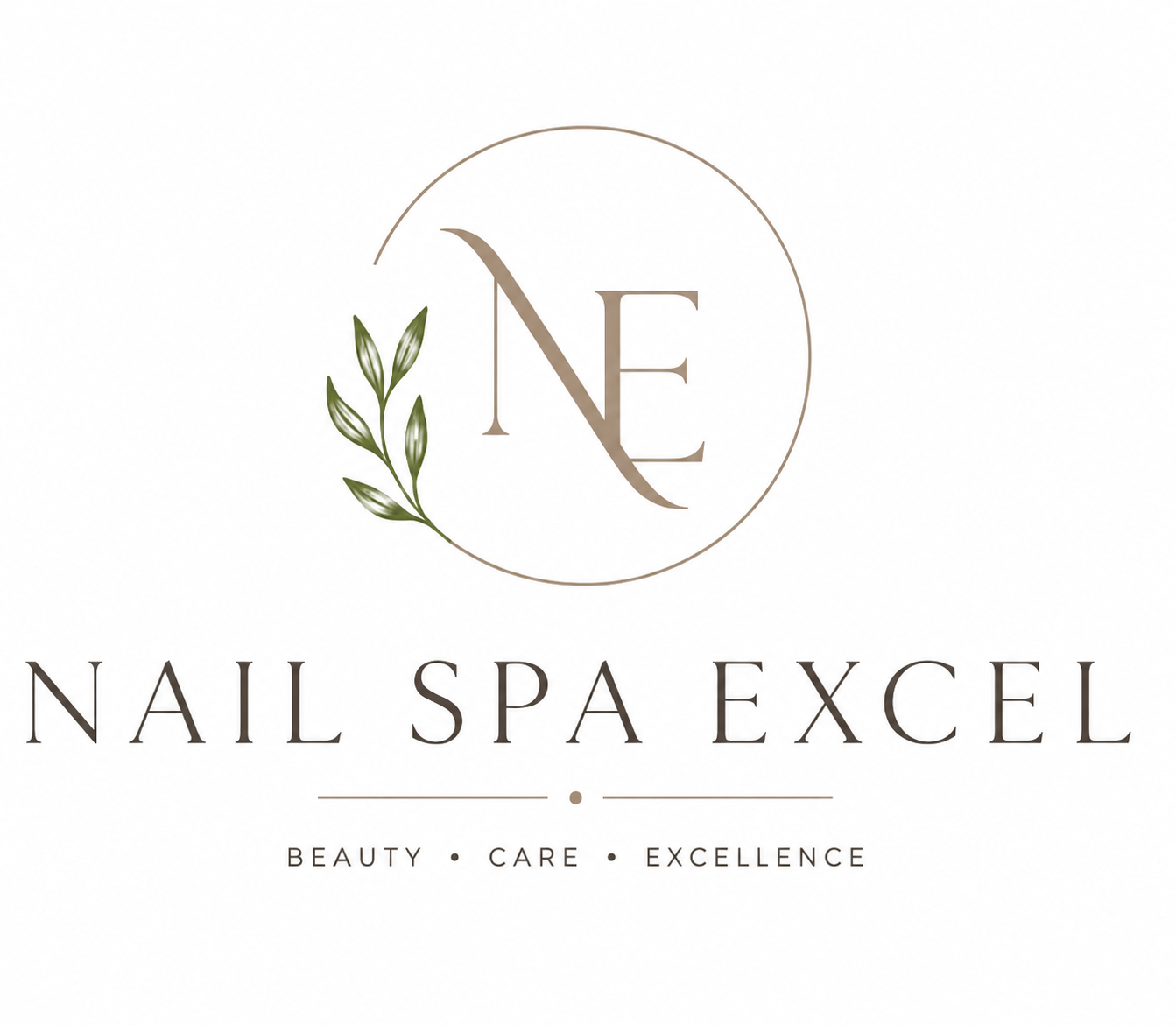 Logo for Nail Spa Excel with gold “NE” monogram, leaf accent, and “Beauty • Care • Excellence” tagline