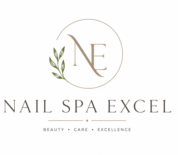 Logo for Nail Spa Excel with gold “NE” monogram, olive branch, and the words “BEAUTY • CARE • EXCELLENCE”