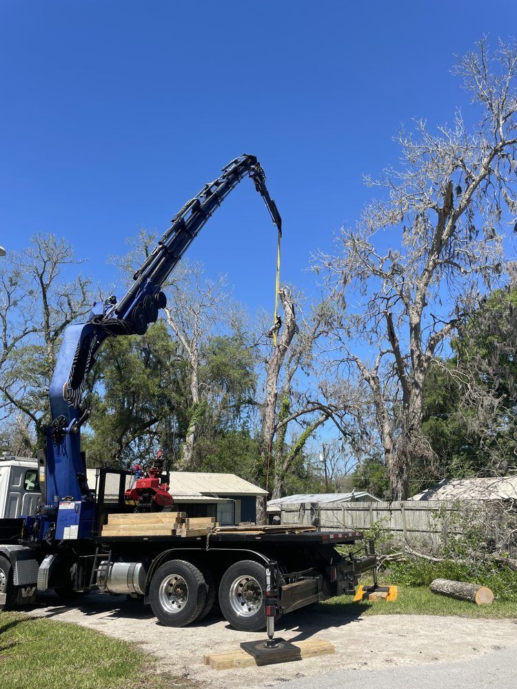 A crane is lifting a tree in a yard.