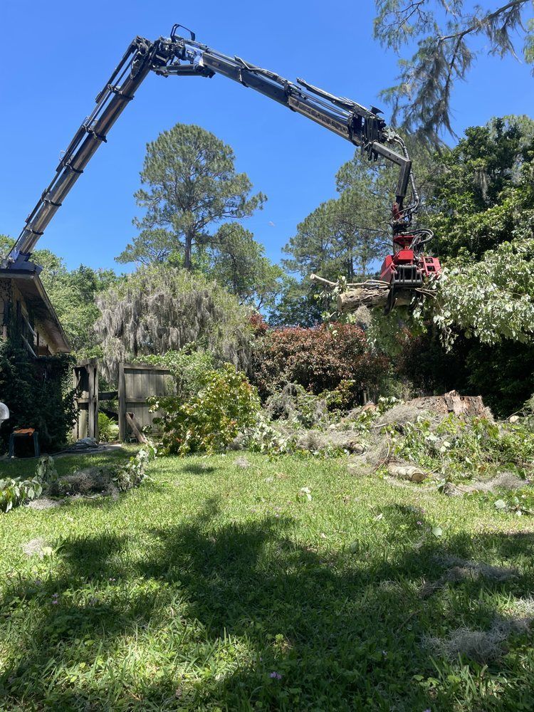A crane is cutting down a tree in a yard.