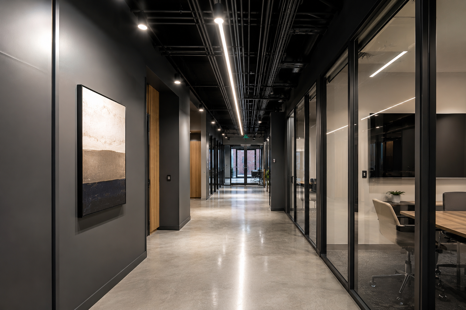 Modern office hallway with glass-walled rooms, polished concrete floor, and recessed ceiling lights