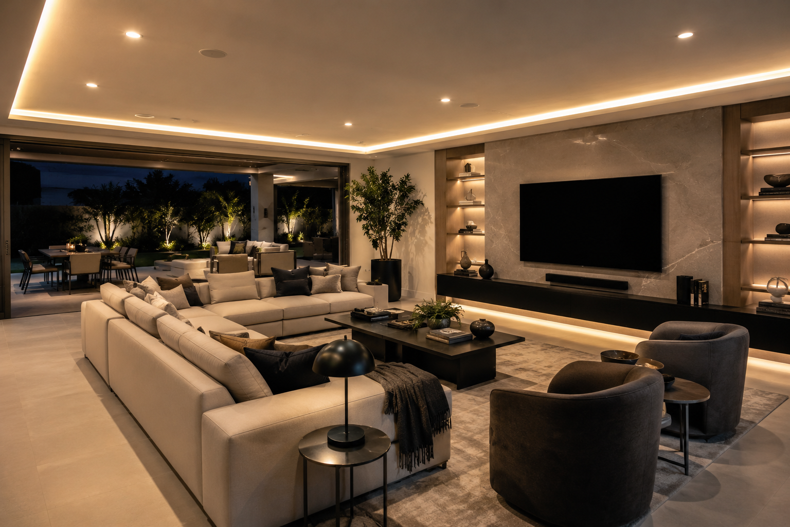 Modern living room with beige sectional sofa, large wall TV, warm recessed lighting, and open patio view