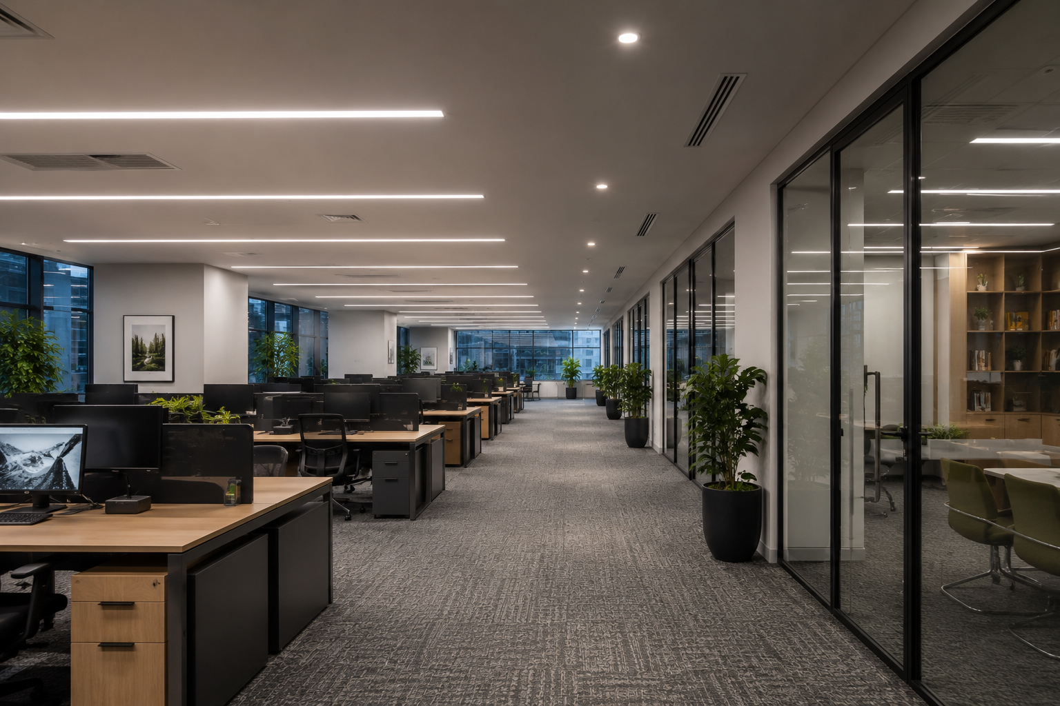 Modern open-plan office with desks, glass-walled rooms, and carpeted hallway under bright ceiling lights