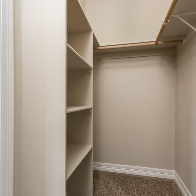 An empty walk in closet with shelves and clothes racks