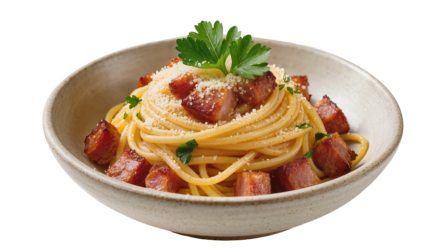 Spaghetti carbonara topped with parsley and bacon in a white bowl