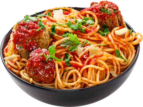 Bowl of spaghetti topped with meatballs, tomato sauce, and parsley