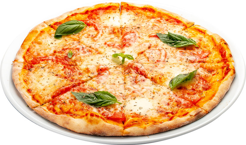 Cheese pizza topped with basil leaves on a white plate