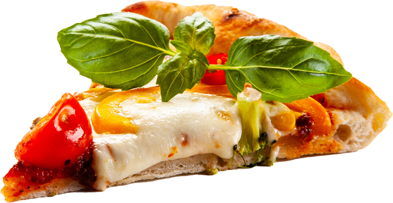 Slice of margherita pizza topped with basil leaves, tomatoes, and melted cheese