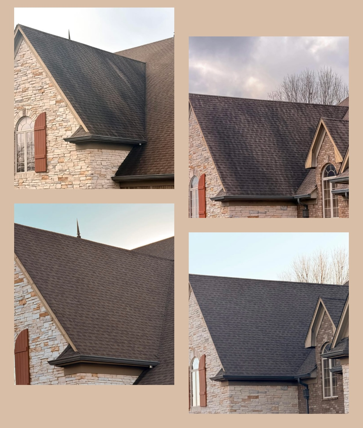 A four-panel collage showing different stages and lighting of a dark shingled roof on a stone house with brown shutters.