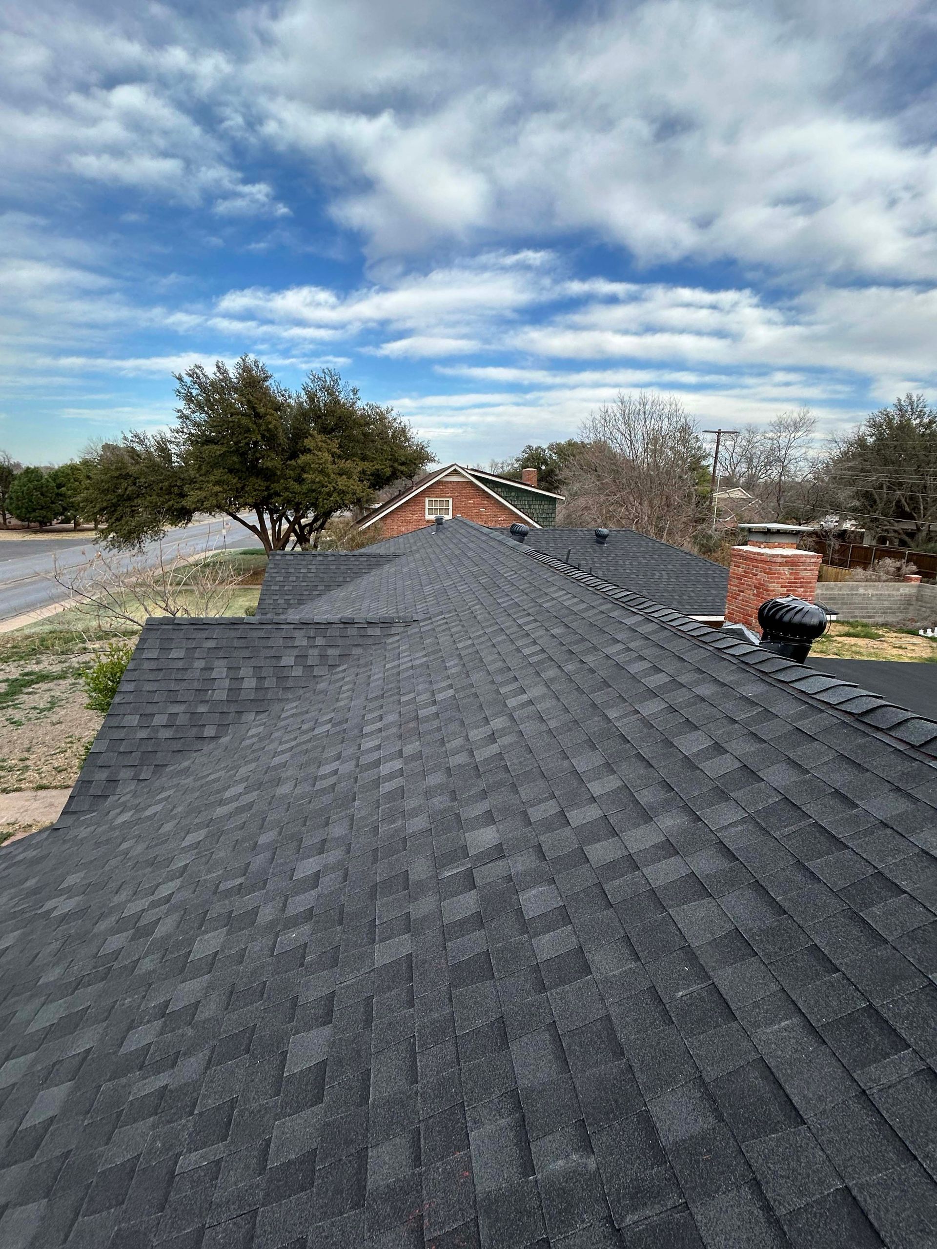 Dark shingle roof, chimney, and trees against a cloudy blue sky.