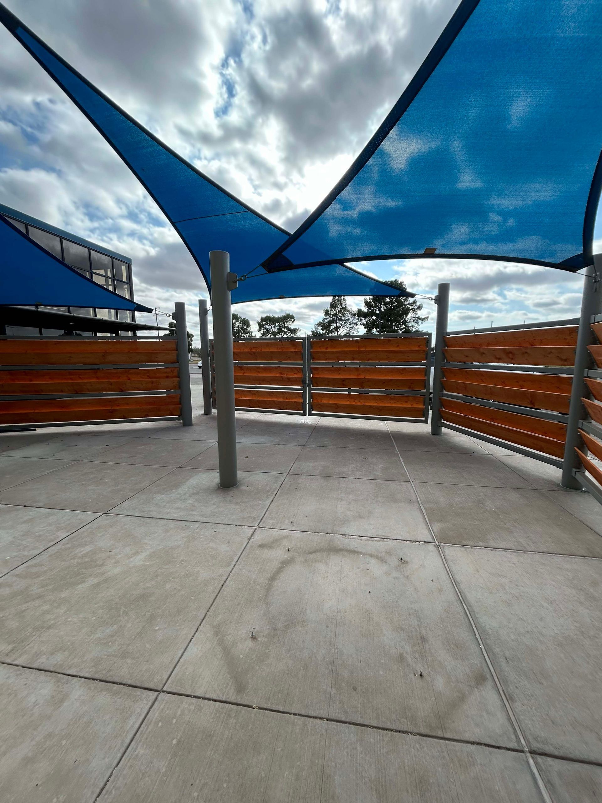 Blue shade sails over a concrete patio with wooden fencing.
