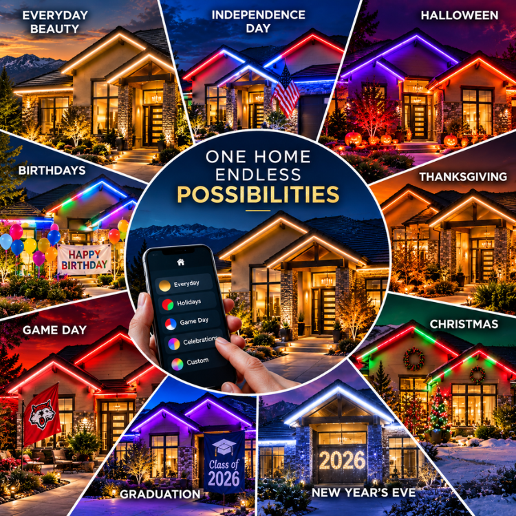 Collage of a house lit for holidays, with a phone app showing customizable lighting themes and “One home endless possibilities.”