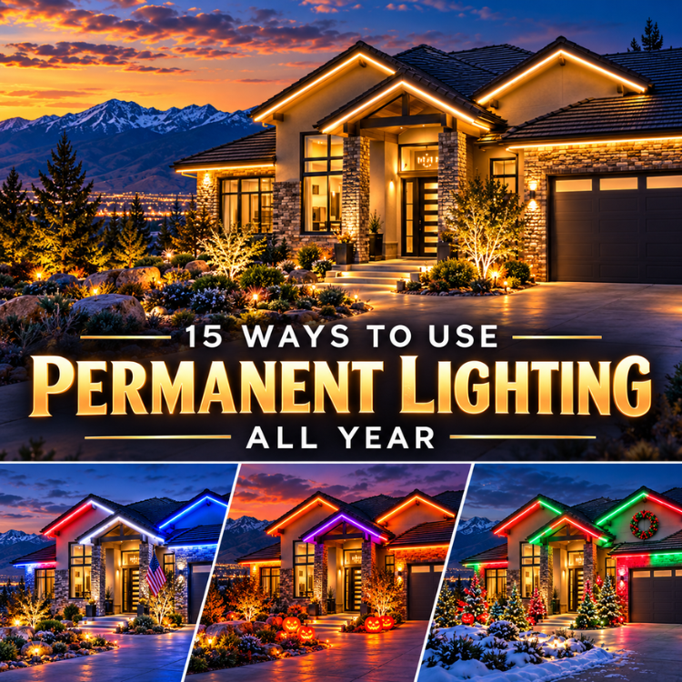 Outdoor house with colorful permanent lighting displays, text: “15 ways to use permanent lighting all year”