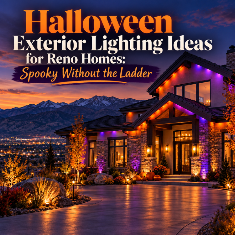 Halloween-themed flyer for Reno homes with a lit house at dusk and the text “Exterior Lighting Ideas”