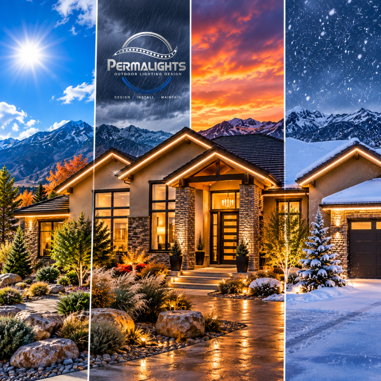 Luxury home exterior with warm lights in a mountain landscape, shown in day-to-night seasons split scene