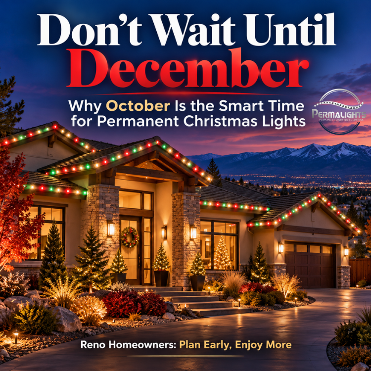 Northern Nevada House with Christmas lights and bold text: “Don’t Wait Until December.”