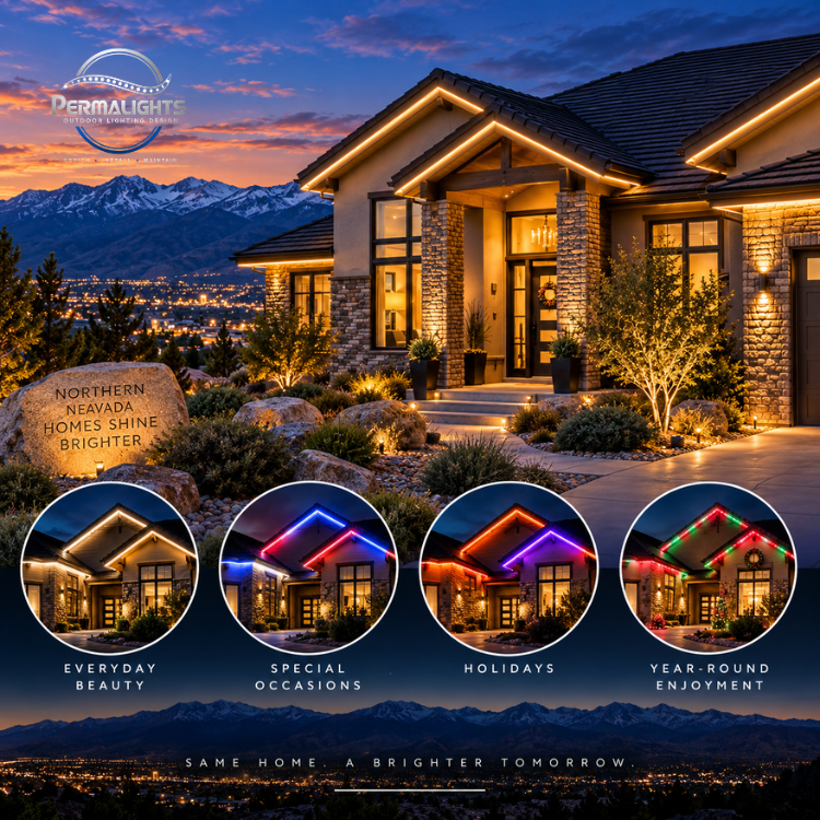 Luxury home at dusk with warm lit entry, mountains in background, and seasonal lighting options shown below