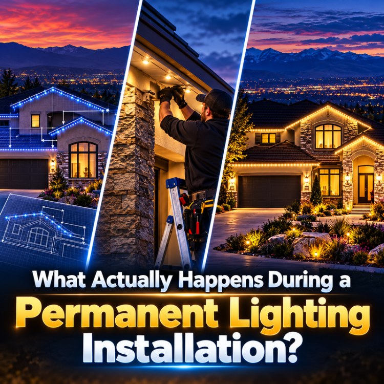 Split image of home permanent lighting installation at dusk, with illuminated house and worker on ladder