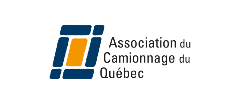 Logo of Association du Camionnage du Québec: Blue and orange geometric shapes, text in dark gray.