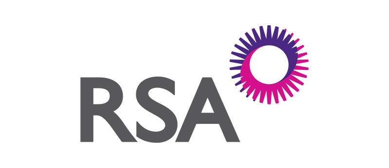 Logo RSA : lettres grises à côté d'une forme éclatante violette et rose.