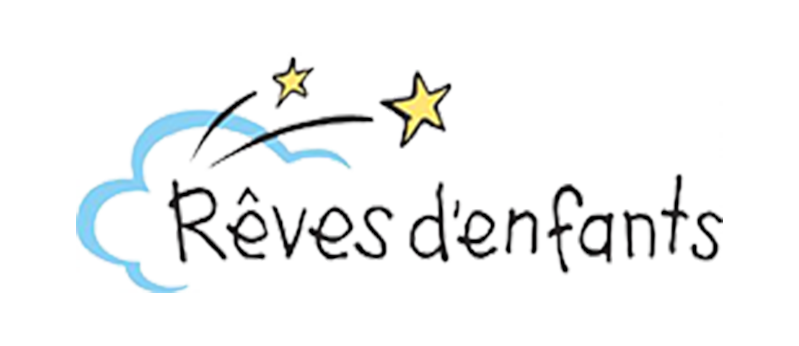 Logo avec nuage bleu, étoiles filantes noires et étoiles jaunes ; texte « Rêves d'enfants ».