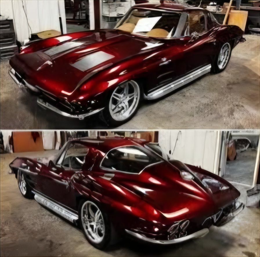 Shiny burgundy classic sports car in a garage, shown from the front and rear angles | Pro Veterans Automotive
