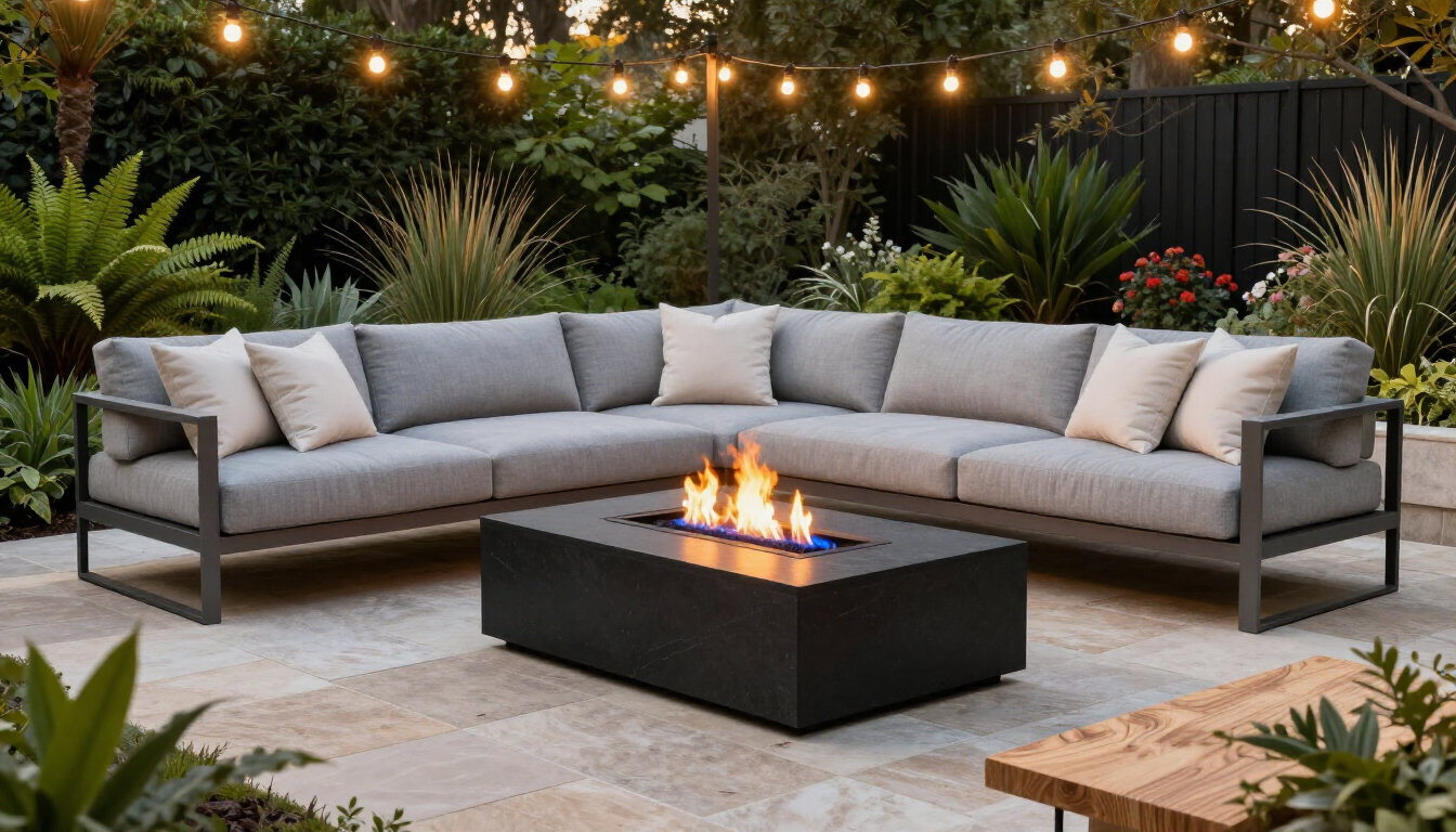 Stylish outdoor seating area with modern furniture and lighting.