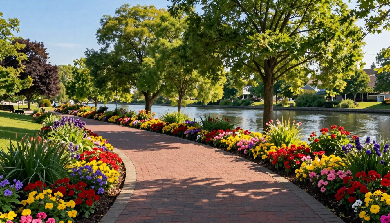 A scenic view of the Naperville Riverwalk during a sunny summer day.