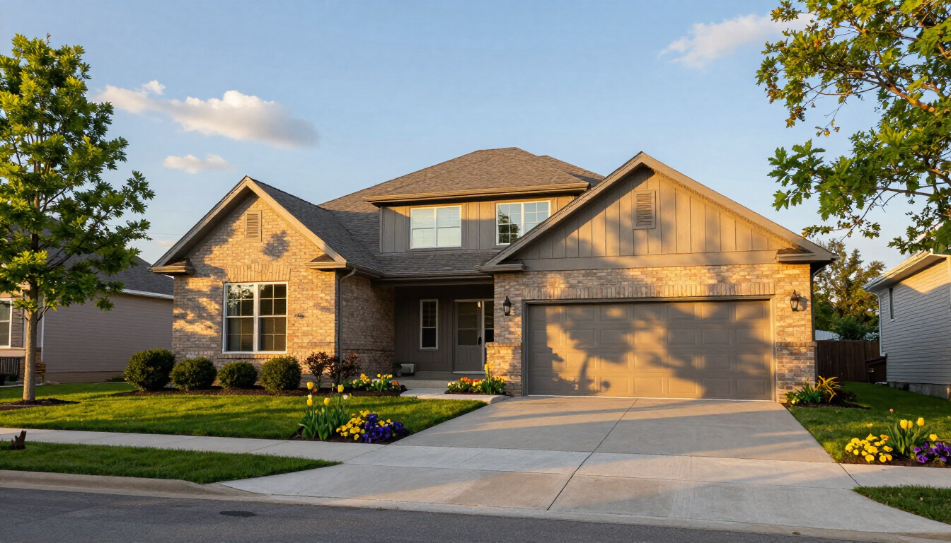 Modern Illinois home exterior at sunset