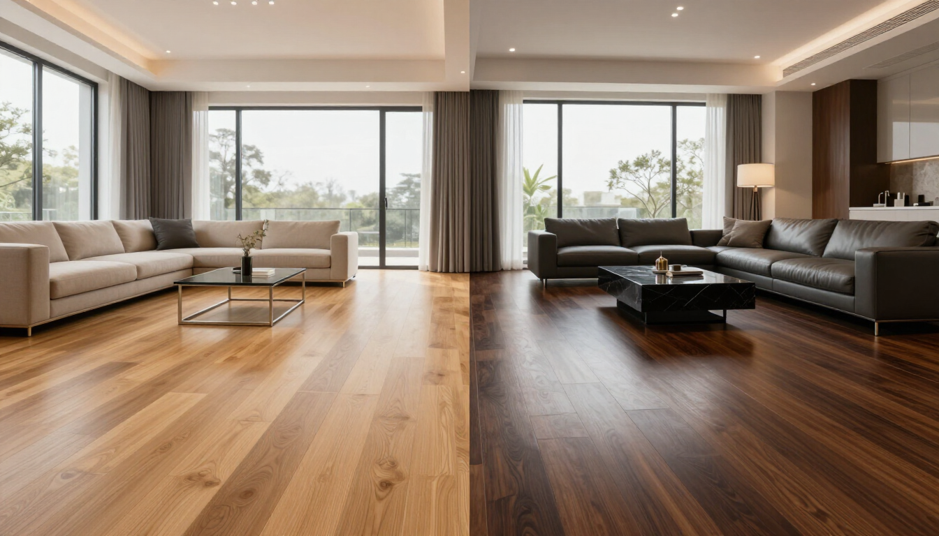 Comparison of light and dark wood flooring samples side by side.