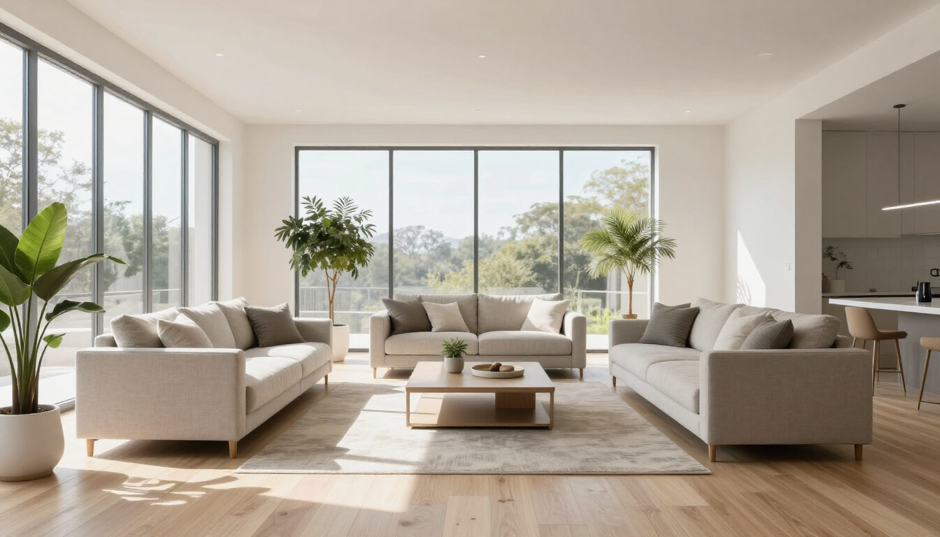 Modern living room with light oak floors