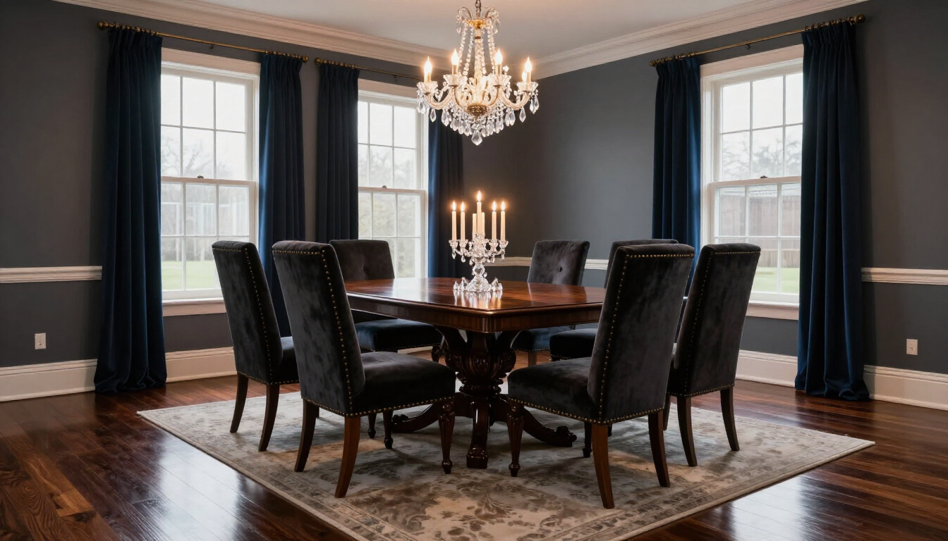 Elegant dining room with dark walnut floors