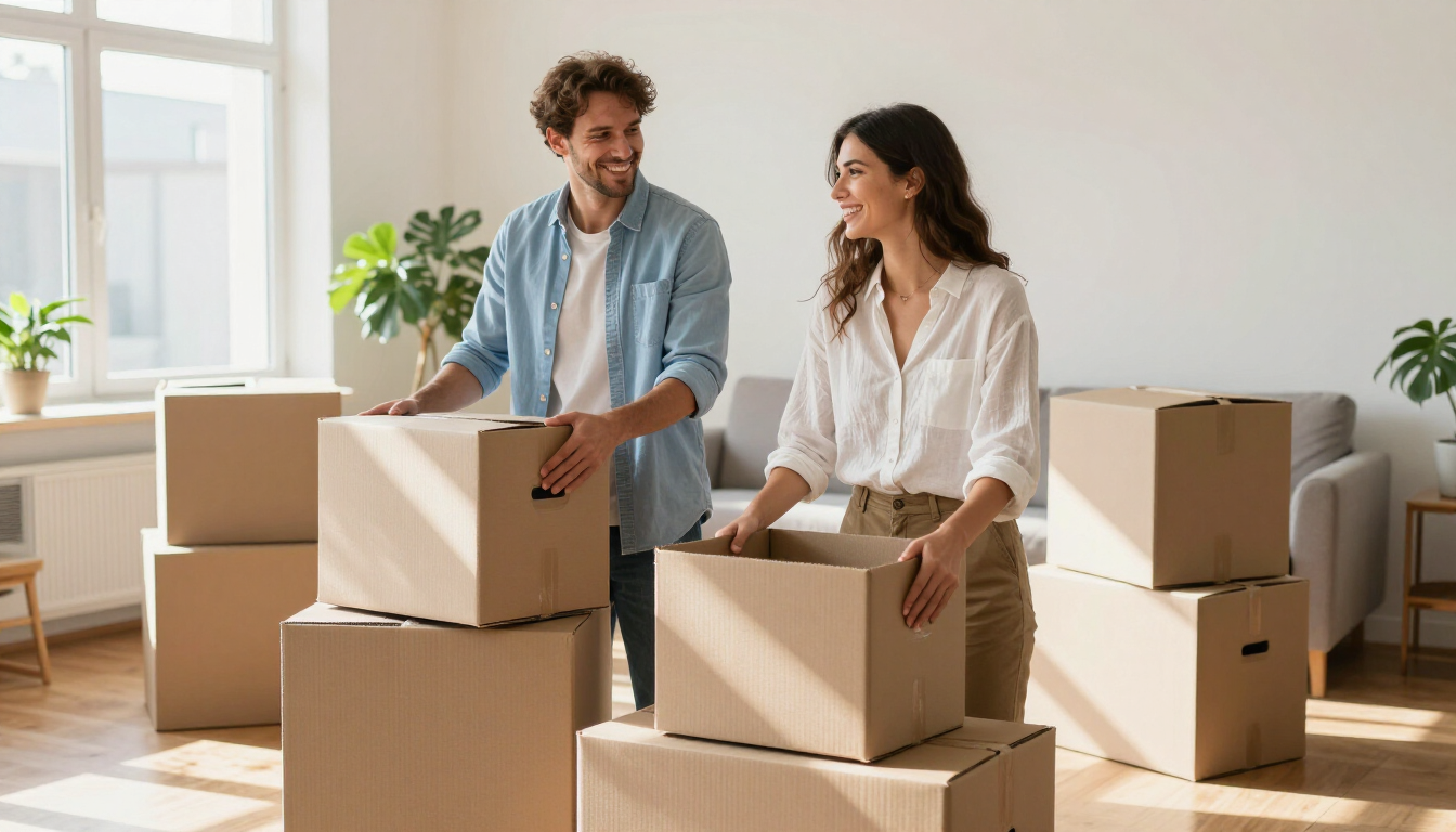 A family packing boxes in a sunlit living room