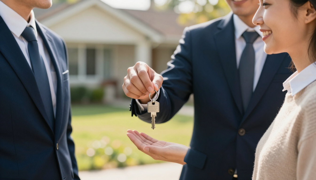 A real estate agent handing keys to a client