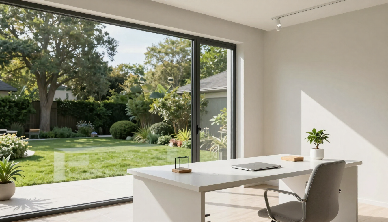 A modern home office with a view of a suburban backyard