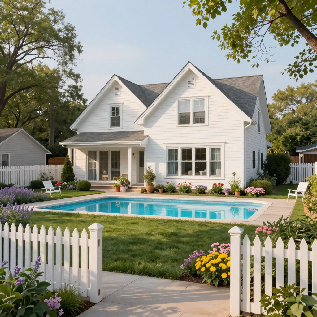 White house with a backyard pool, patio, and white picket fence in a sunny garden
