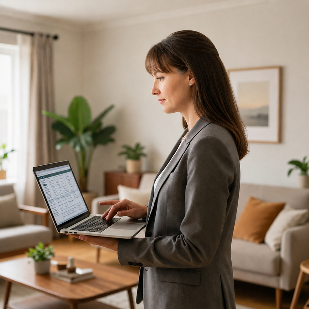 Woman typing on a laptop in a bright living room with plants and a beige sofa.