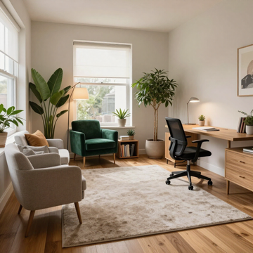 Bright home office with desk, black chair, green armchair, sofa, plants, and large window