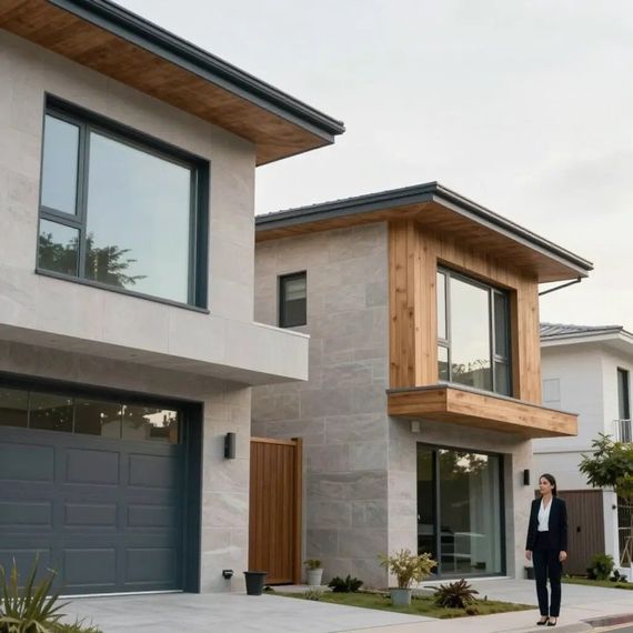 Row of modern white suburban houses along a quiet street with green lawns