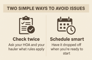Infographic: Two ways to avoid issues: check HOA/hauler rules; schedule delivery for when ready to begin.