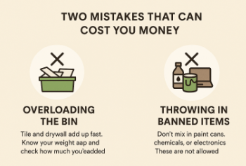 Two waste bin mistakes: overloading with heavy items and throwing in banned materials like chemicals.