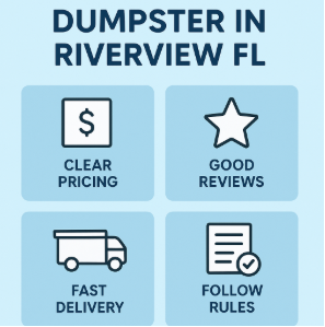 Promotional graphic: Dumpster rental in Riverview, FL.