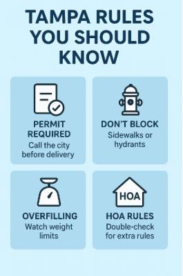 Tampa city rules infographic. Key points: permits, don't block sidewalks, watch weight, and HOA rules.